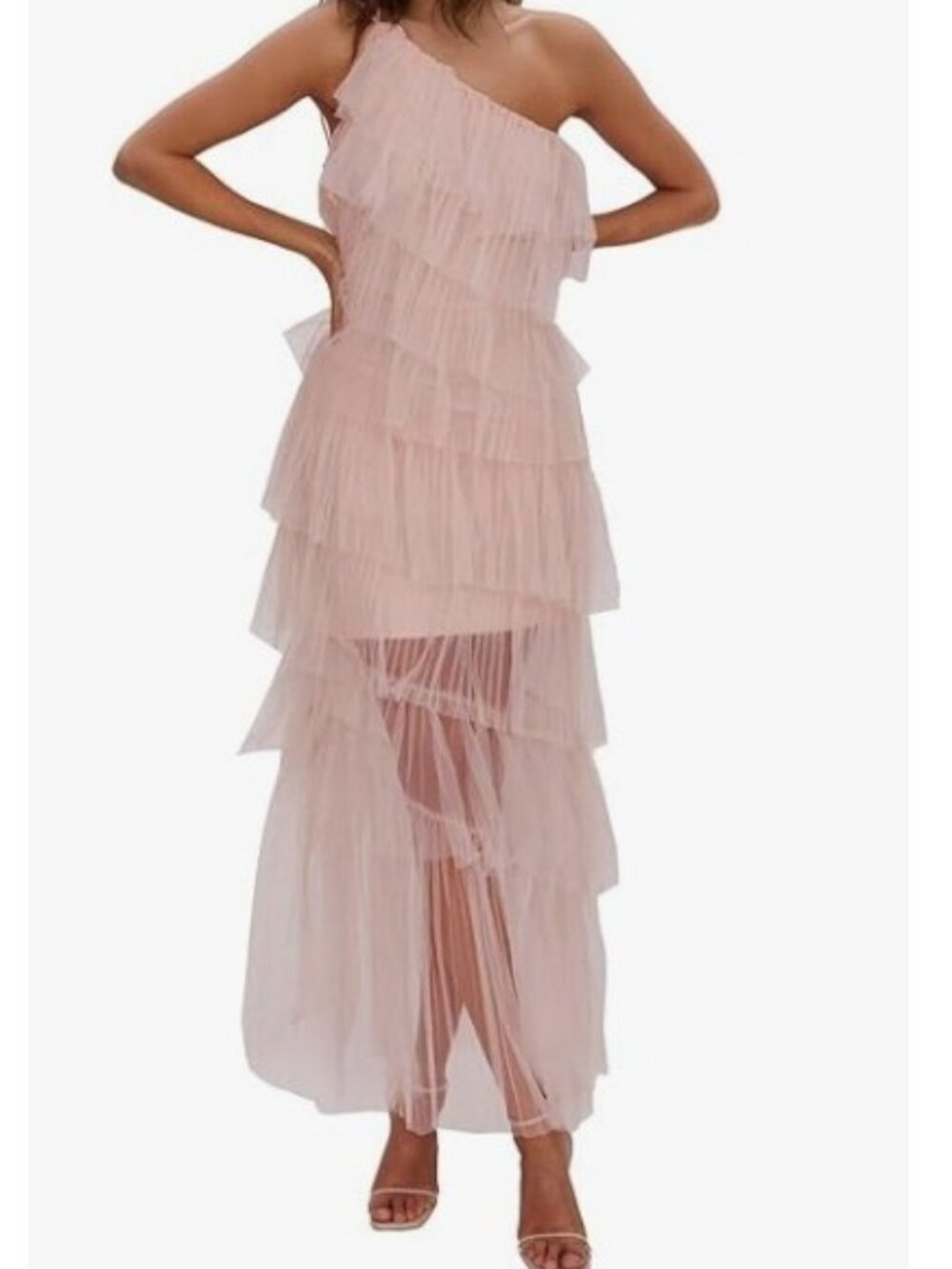 One Shoulder Tiered Dress (Blush Pink) for Homecoming, Prom, Wedding - Size 12